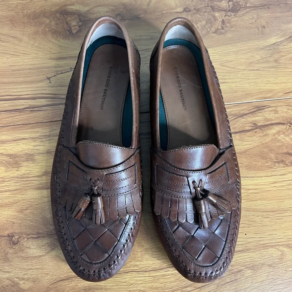 Giorgio Brutin Tassel Kiltie Woven Loafers Mens Size 11 Leather Aruba Brown